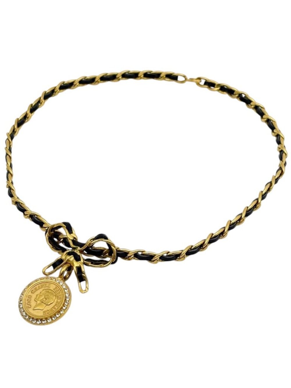 Chanel Necklace Ribbon Medal Coin Leather Rhinestone Gold Black